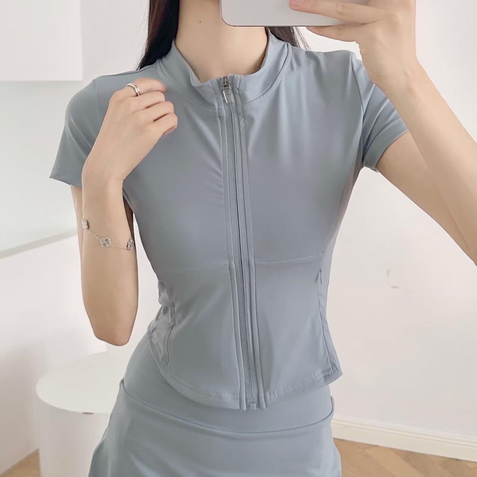 YPFF 트렌디 여성 순수한 욕망 스타일 하프 터틀넥 반팔 지퍼 탑 포켓 피트니스 사이클링 저지 셔츠 티셔츠