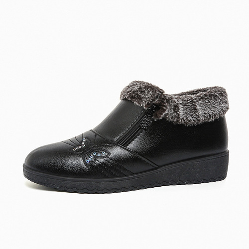 Old Person's Cotton Shoes, Mother's Shoes, Winter Fleece Padding Flat Slip-Resistant Soft Sole Cotton Shoes, Low-Top Leather Cotton Shoes for Middle-Aged and Elderly Women in Winter