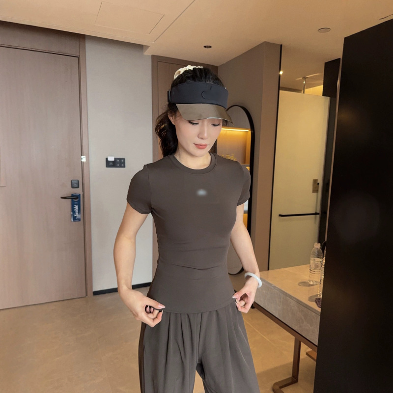26aio same style yoga elastic slim-fit slimming running fitness outdoor sports casual short-sleeve t-shirt for women