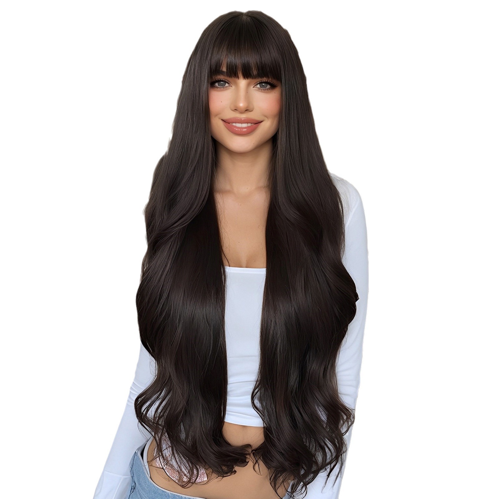 Emmor fuente transfronteriza Qi flequillo pelo largo rizado temperamento diosa y cintura peluca esponjosa natural pelo completo