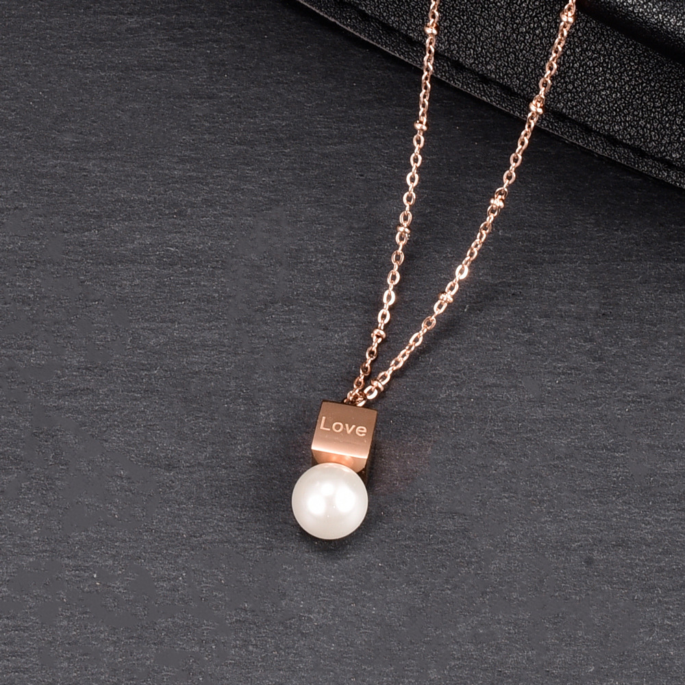 Wholesale LOVE Square Hanging Pearl Titanium Steel Rose Gold Clavicle Necklace_colorza_1
