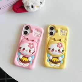 适用iphone16流行可爱卡通3D立体蜜蜂KT猫可伸缩支架手机壳保护套