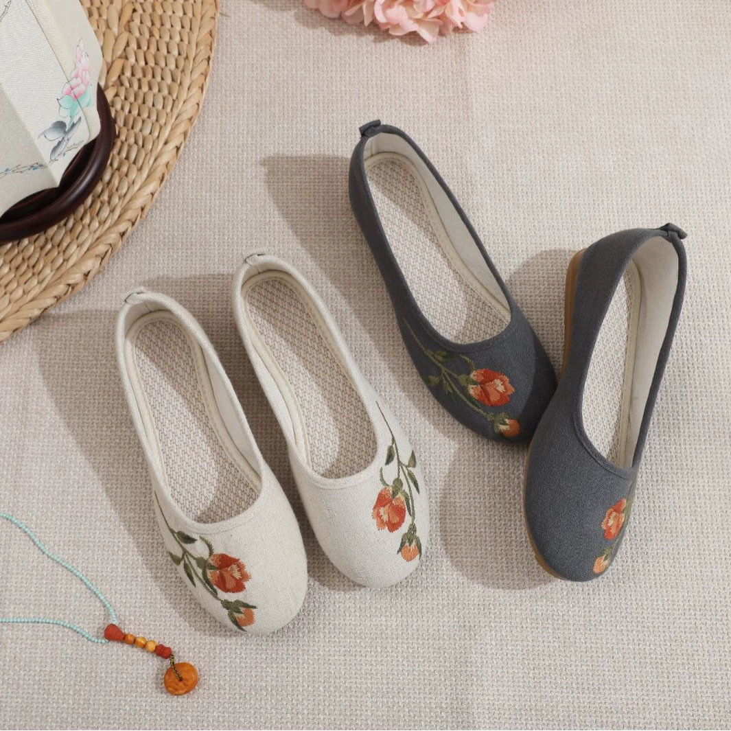 2025 новые хлопчатобумажные и льняные туфли в стиле старого Пекина, этнический стиль, вышивка, подошва из ткани, женские туфли, оптовая продажа от производителя, туфли для мам