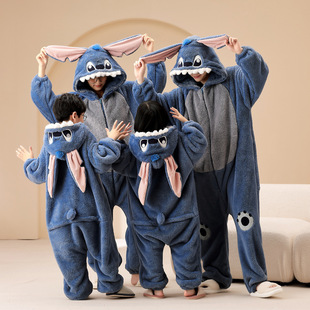Parent-child coral fleece pajamas family three-mouth autumn and winter flannel mother and daughter one-piece Children's male stitch homewear
