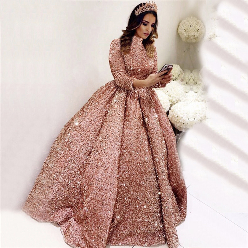 Cross-Border Supply Wedding Dress Puffy Skirt 2026 Bride's Dreamy Sequin Ball Gown Performance Dress with Stand Collar and Long Sleeves Evening Dress Foreign Trade