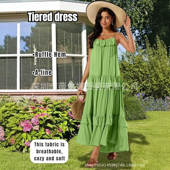 Layered Pleated Women's Dress, Backless Spaghetti Strap Bohemian Flowy Maxi Dress, Summer Beach Vacation