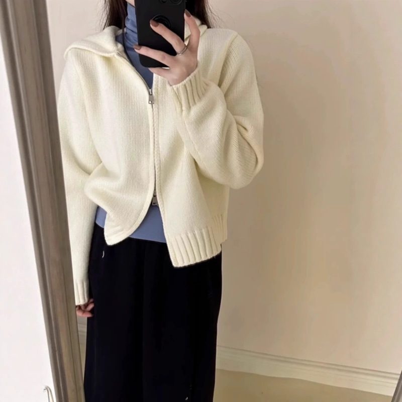 Double Zipper Hooded Knitted Cardigan for Women Autumn and Winter New Wool Short Loose Sweater Jacket Loose Knitted Top