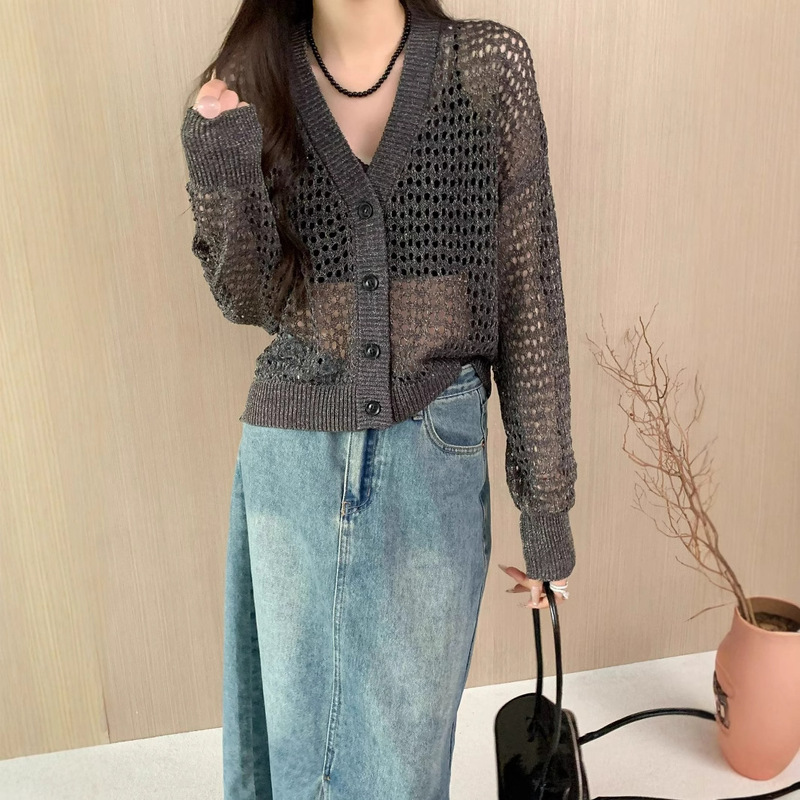 Hollow-Out Sexy V-Neck Knitted Cardigan Jacket for Women, Slightly See-Through, Pure Desire Style, Mesh Jacquard and Paper Yarn, Thin Spring/Summer Trendy Style
