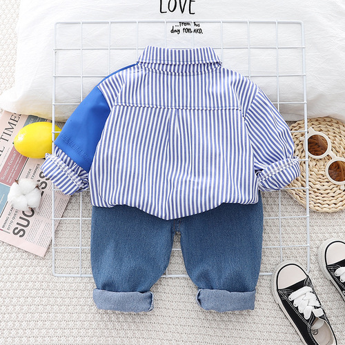 Boys Spring and Autumn Suit Little Boy Baby Cartoon Bear Shirt Jeans Two-piece Set Korean Style Toddler Fashion Western Style
