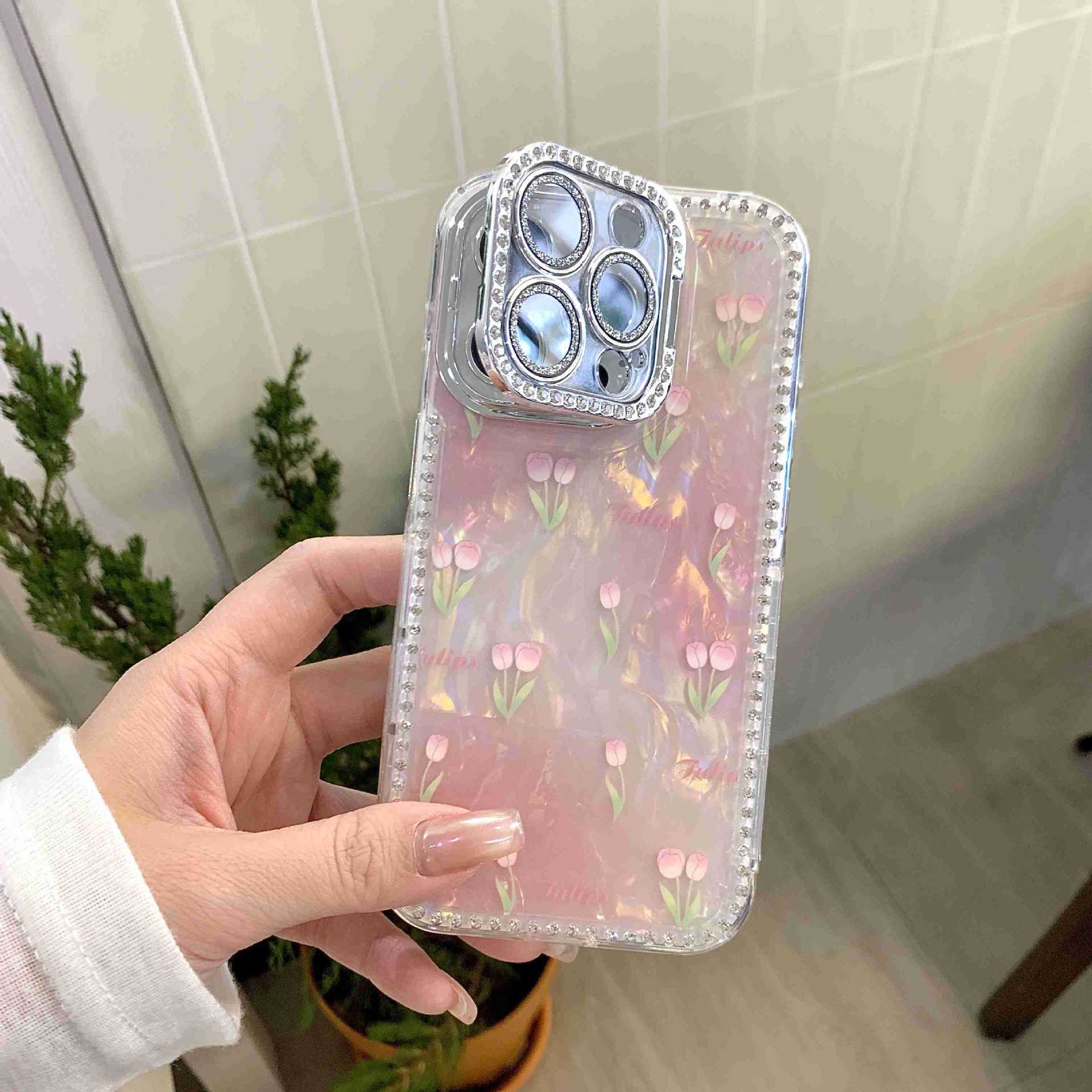 Spring ins Tulip Shell Patrón Adecuado para iphone16ProMax Diamante lateral 14/13 Apple 15 Funda para teléfono móvil Mujer