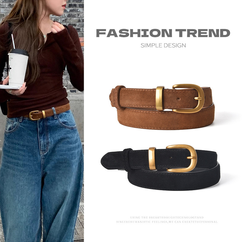 Cowhide Casual Pants, Jeans, Skirt, Decorative Pin Buckle, Women's Belt, Suede Genuine Leather Women's Belt, Cross-Border Dropshipping