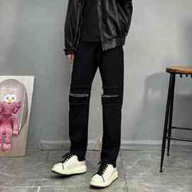 美式高街复古水洗黑色长裤男潮流膝盖破洞拉链牛仔裤窄版直筒九分