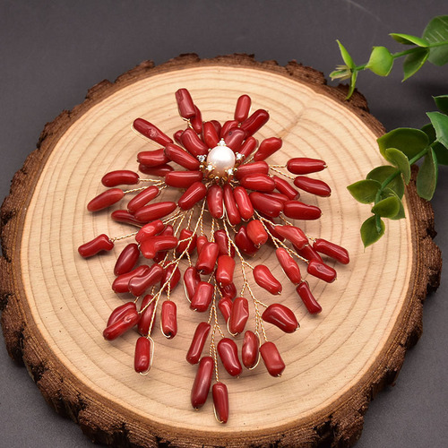 天然珍珠随形珊瑚树枝胸针结婚民族复古原手工珍珠胸花饰品批发