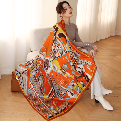 Chinese style ancient building color matching silk scarf large square scarf 110cm travel shawl sun protection scarf decorative versatile scarf