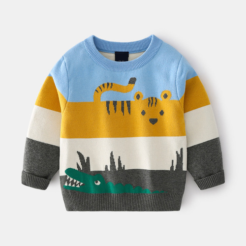 Tengyun Children's Clothing European and American Style Boys Double Layer Sweater 2024 Spring New Arrival Baby Abstract Cartoon Embroidered Wool Sweater
