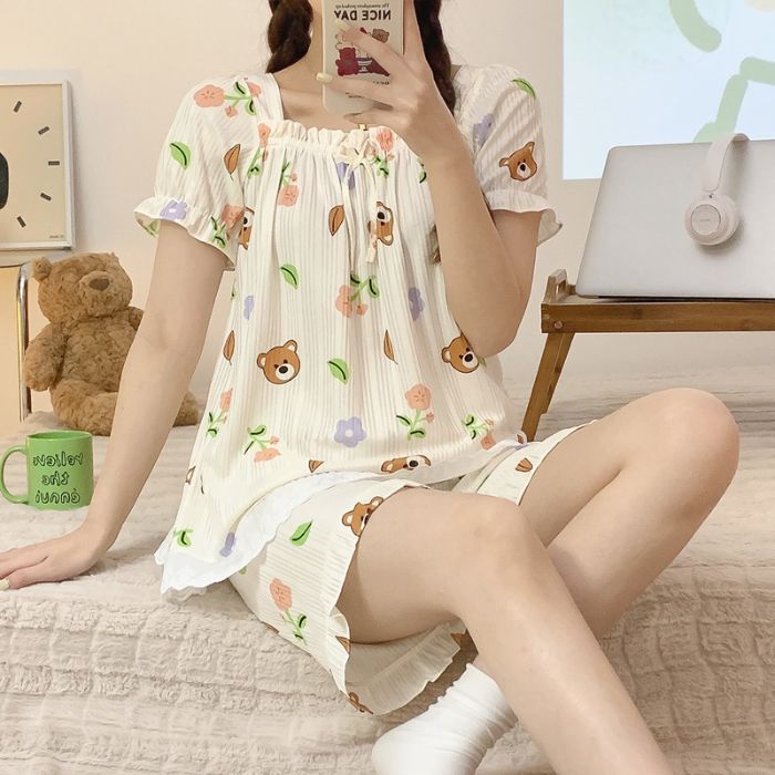 Tronos de algodón de imitación de verano al por mayor transfronterizos, pantalones cortos de manga corta con cuello de una línea, pijamas, tumba de princesa femenina, traje de dibujos animados, servicio a domicilio