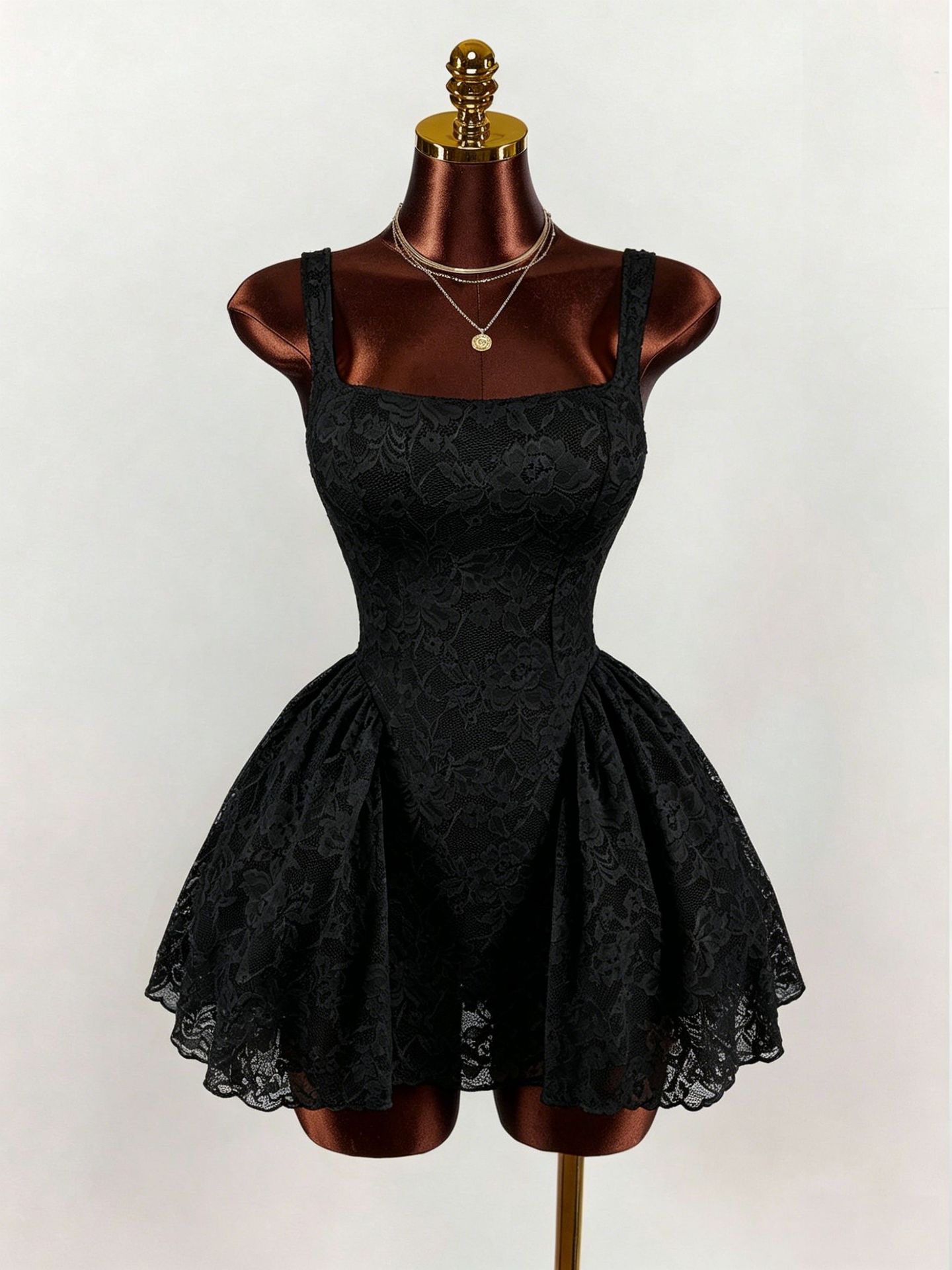 New Women's White Lace Dress, Square Neck, Wide Strap, Fitted Waist, Tulip Shaped Puffy Skirt_ecoleips.com