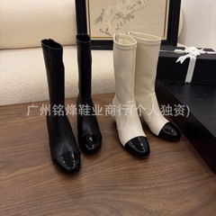 2025新款小香风真皮大珍珠粗跟中筒靴弹力靴骑士靴时装瘦瘦靴女潮