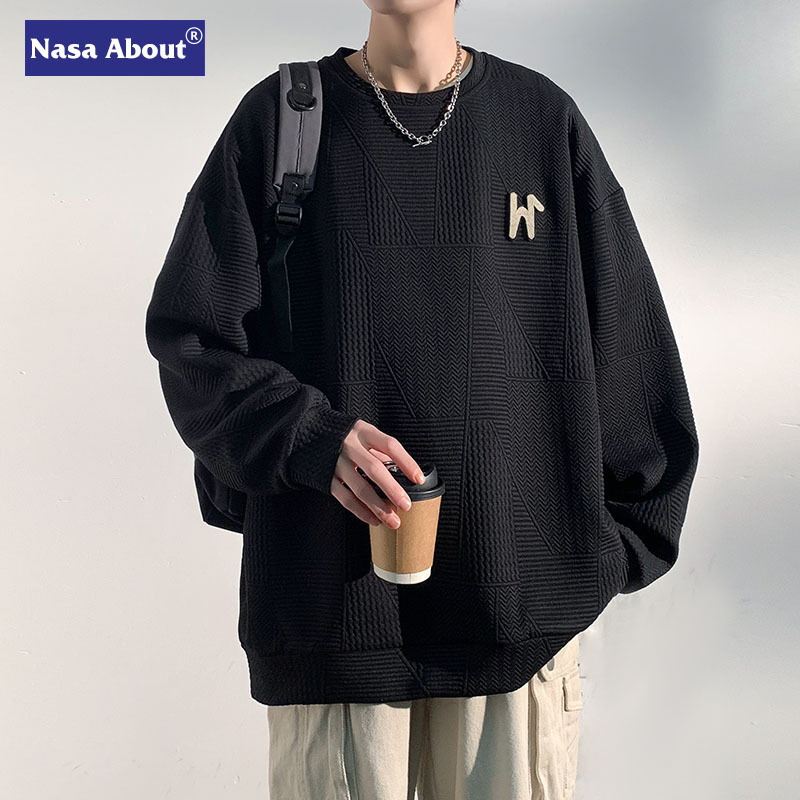 Nasa's New American-Style Heavyweight Crewneck Sweatshirt for Men with Letter Design, Spring Trendy Brand Crewneck Long-Sleeved Men's Sweatshirt
