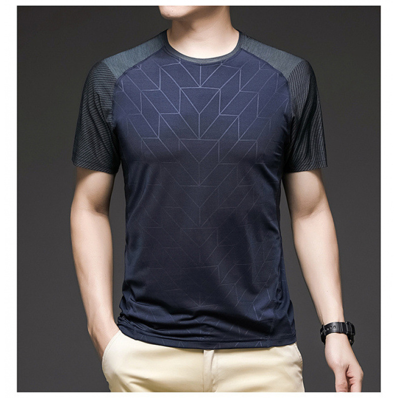 Camiseta de seda de hielo de manga corta para hombres, camiseta de secado rápido, estampado oscuro, moda de cuello redondo, nueva camiseta deportiva de fitness, delgada y transpirable.