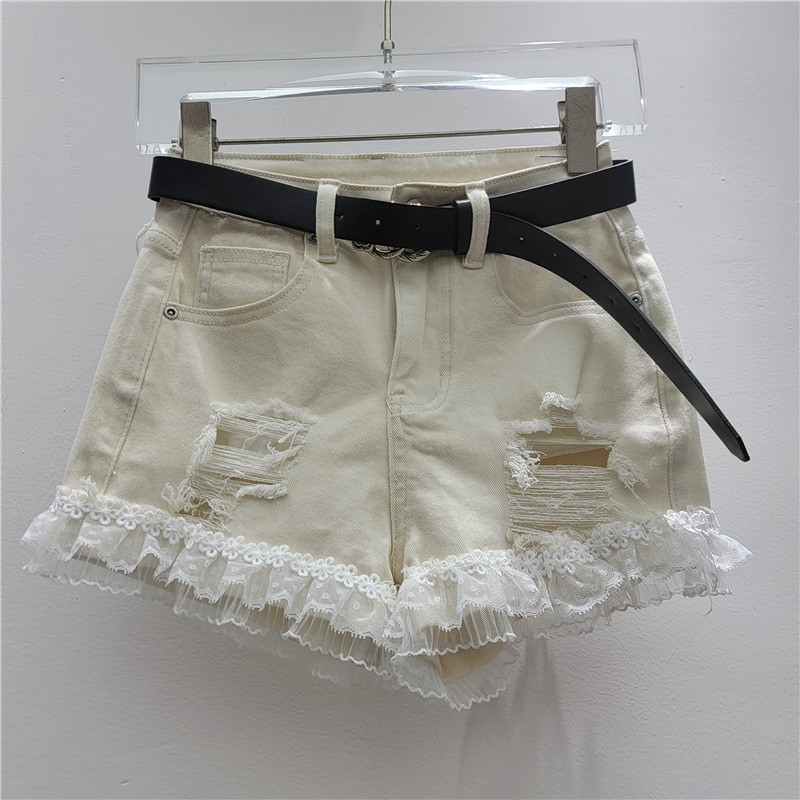 Pantalones Cortos de Mezclilla con Encaje Ligeramente Elásticos image 4
