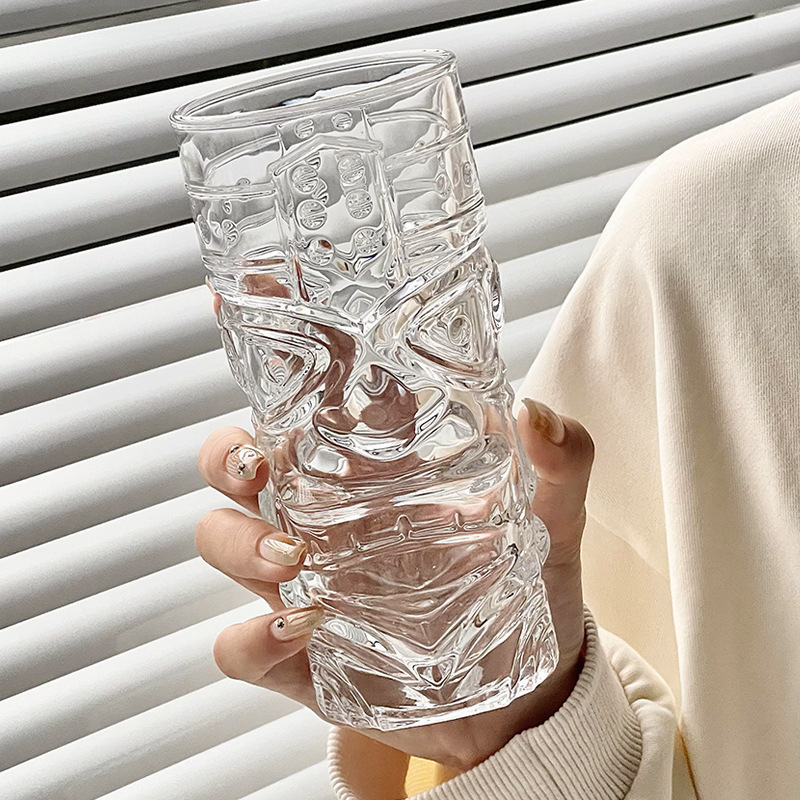 Sanxingdui vaso de vidrio en relieve, vaso de agua transparente, vaso de bebida fría, vaso de vino creativo, vaso de nicho personalizado