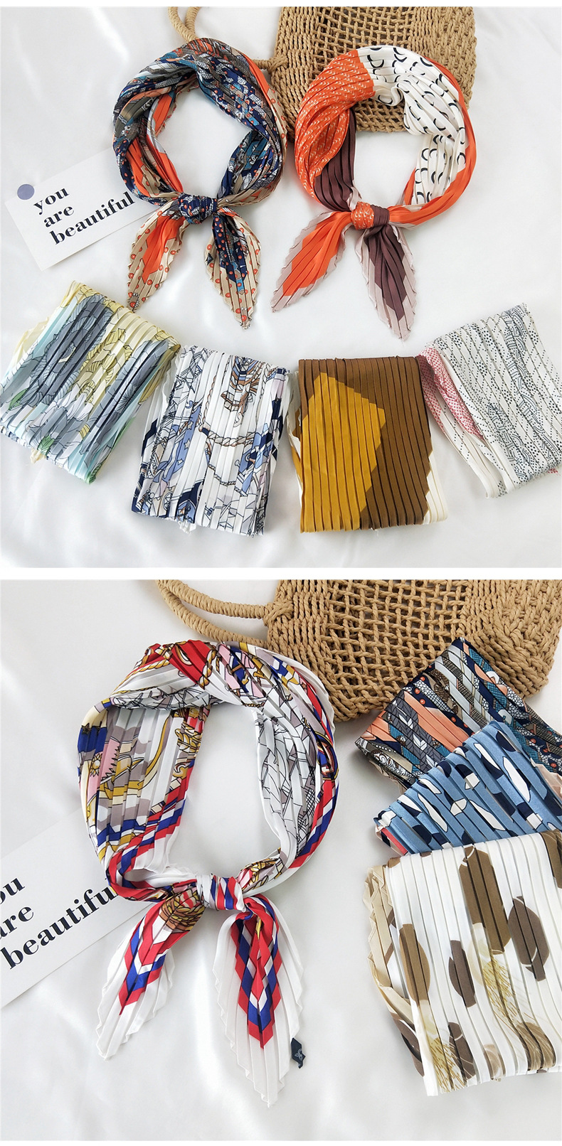 45g Weight Silk Scarf Classification Travel Occasion Silk Material Unisex Gender Sweet Style Khaki, Grey, White, Red, Green, Blue, Yellow, Black Color Korean Pleated Silk Square Scarf 1