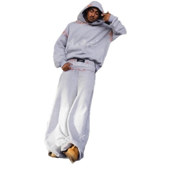 Europa y Estados Unidos explotaron transfronterizos personales calle gris impresión pantalones casuales sueltos de doble cintura pantalones con sudadera con capuz