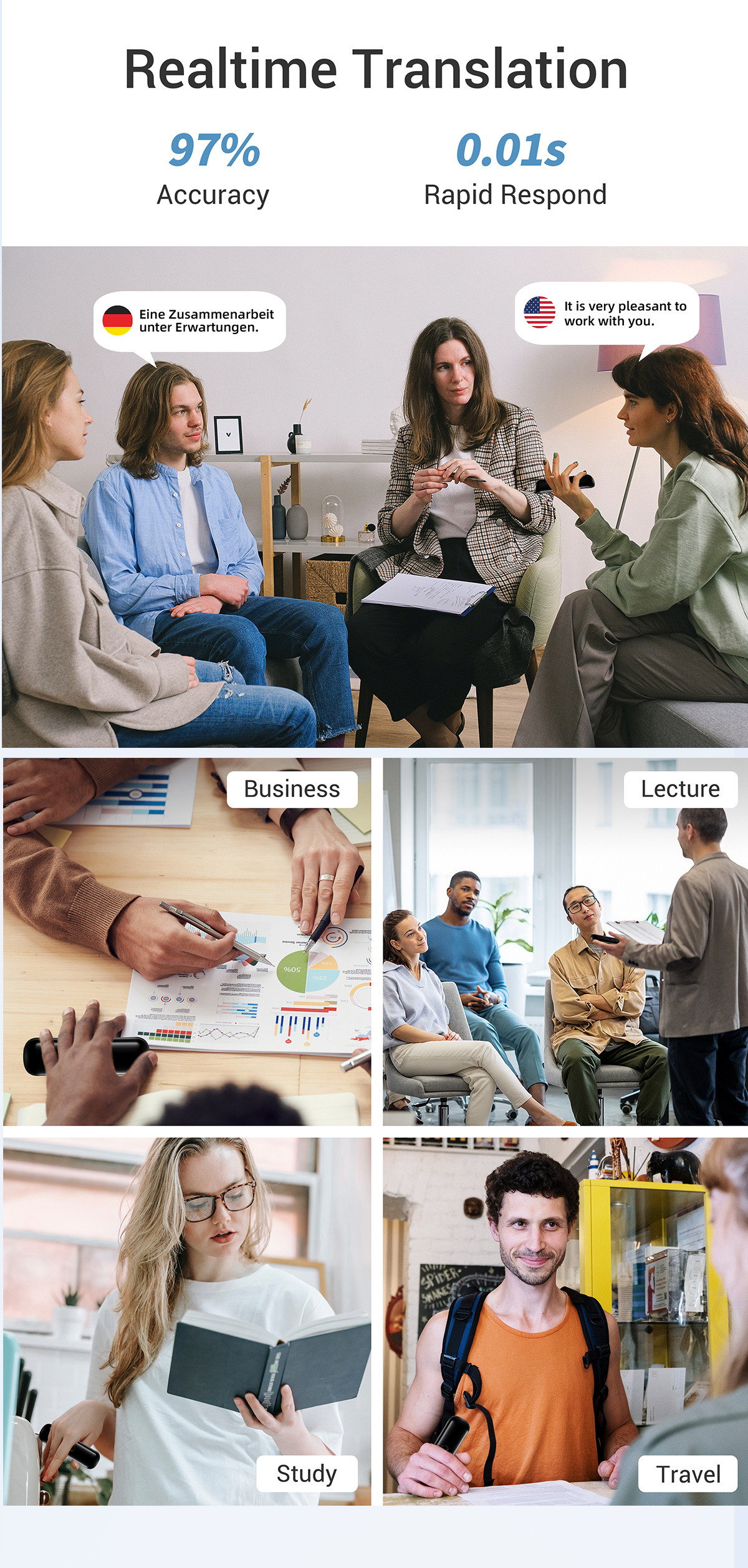 The X9 translator features voice synchronization translation, mutual translation, cross-border multi-language photography, travel and audio recording for offline use undefined