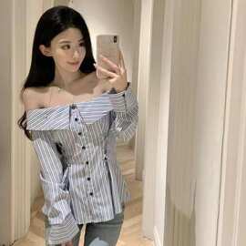 一字领修身收腰上衣女早秋新款性感辣妹条纹衬衫别致系带长袖恤