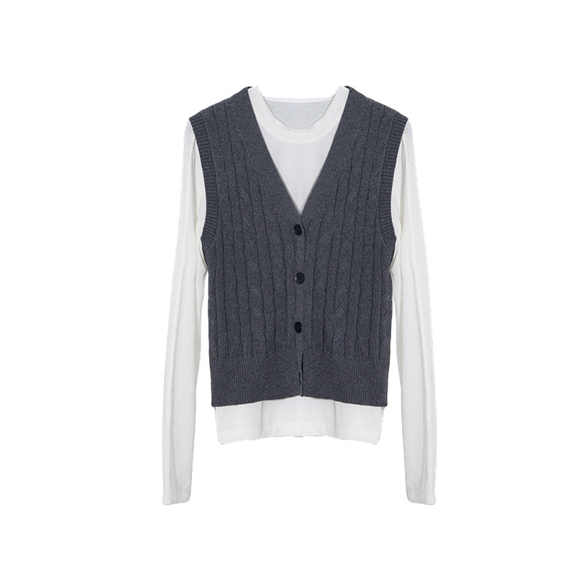 100 Cotton V-neck Knitted Cardigan Vest Women's New Round Neck Long Sleeve Knitted Vest Fashion Casual Two-piece Set