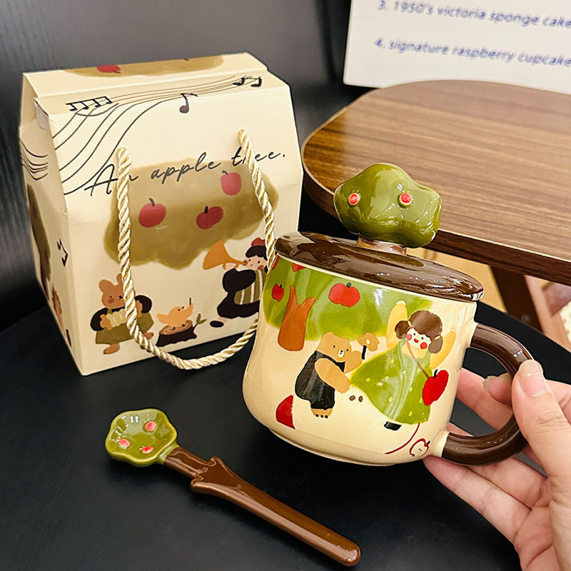 かわいい漫画アップルツリーマグカップ蓋付きスプーンクリエイティブイースタープレゼント水カップ家庭用陶磁器カップお土産|undefined