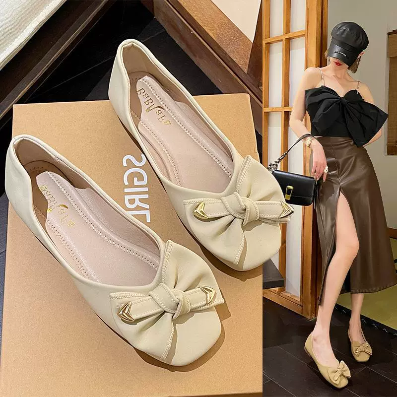 Туфли с бантом, женские весна и лето 2023, новые модные однослойные туфли с квадратным носком и мелким ртом, элегантные женские туфли на плоской подошве