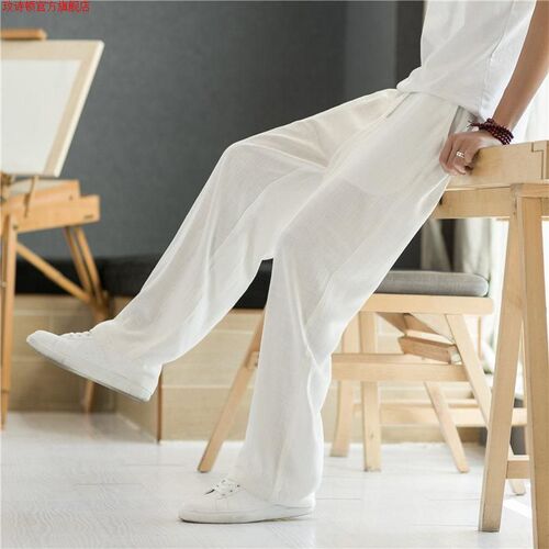 Linen Pants for Men - Summer Thin Casual Long Trousers for Spring and Autumn, Straight Leg Sports Pants with Chinese Style, Loose Cotton and Linen Men's Trousers