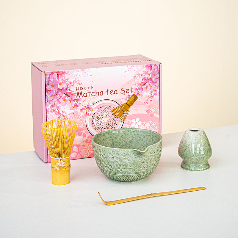 日本製抹茶茶器セット 桜ボウル 注ぎ口付き 8点セット フルセット カラーボックス ピンク付き|undefined