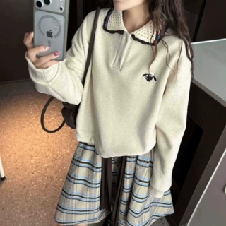秋冬新款韩版休闲时尚减龄卡通刺绣加绒加厚宽松翻领长袖卫衣2145