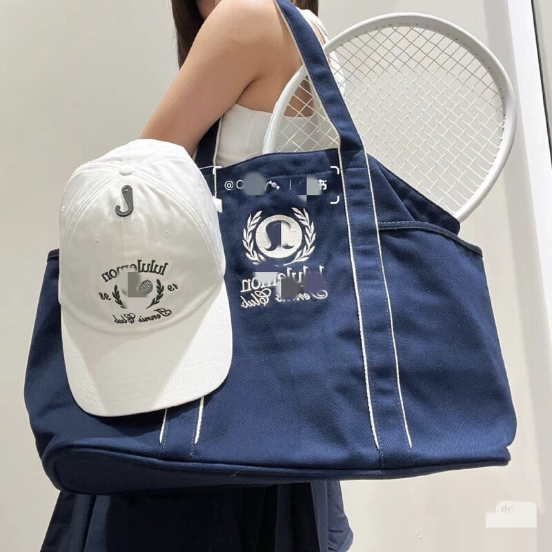 ルルバッグ 20L 刺繍トートバッグ トレンド マルチポケット キャンバス テニスバッグ ショルダー ハンドバッグ ネイビーブルー ホワイト|undefined