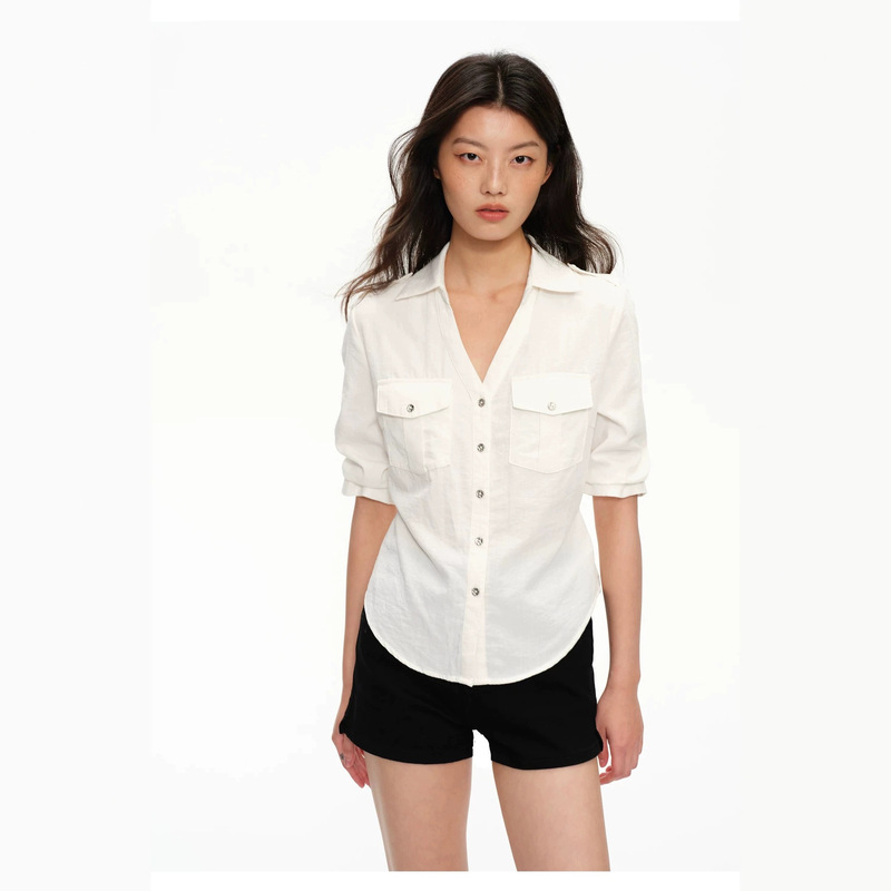 BESOBER Tencel Linen White V-Neck Three-Quarter Sleeve Shirt for Women, Old Money Style, Loose Casual, Waist-Cinching 9103 BESOBER Tencel Linen White V-Neck Three-Quarter Sleeve Shirt for Women, Old Money Style, Loose Casual, Waist-Cinching 9103