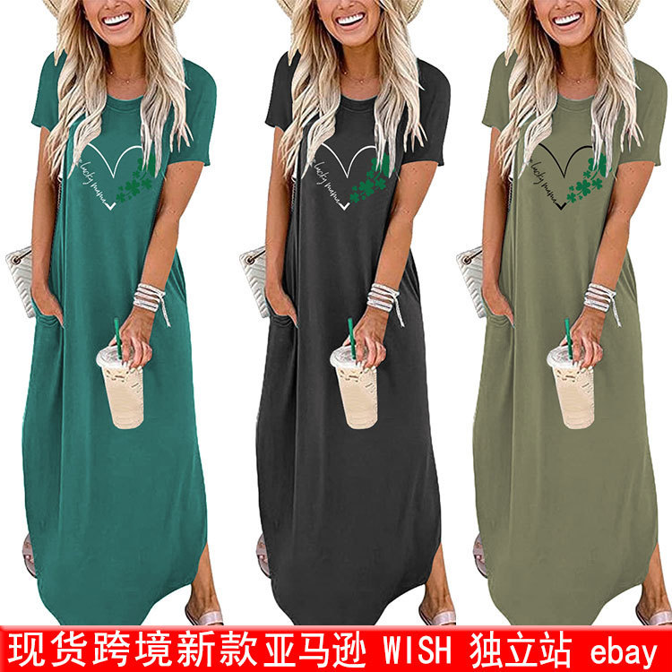 Foreign trade independent station one lucky mama Clover loose short sleeve St. Patrick's Day knitted dress