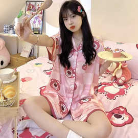 卡通可爱草莓熊睡衣女夏季开衫仿棉轻薄短袖女生宽松通勤家居服套