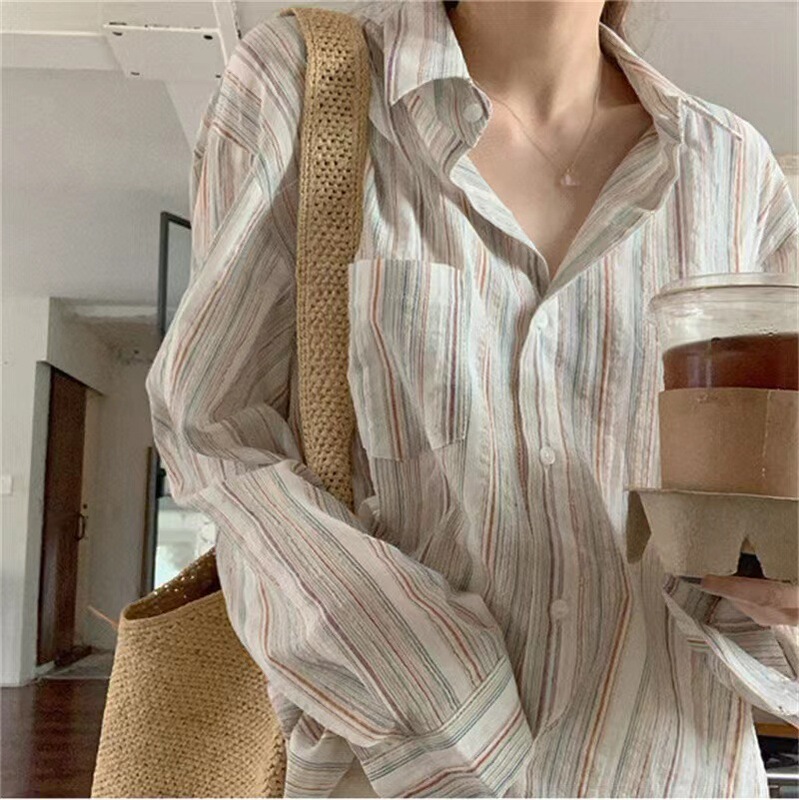 Korean Style Lazy Style Retro Pinstripes Shirt Autum New Design Niche Top Loose Long-Sleeved Shirt for Women