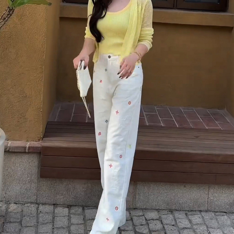 Women’s White High Waisted Wide Leg Jeans, Embroidered Pattern Straight Leg Denim Pants, Casual Loose Trousers For Daily Wear & Streetwear_voghion.com