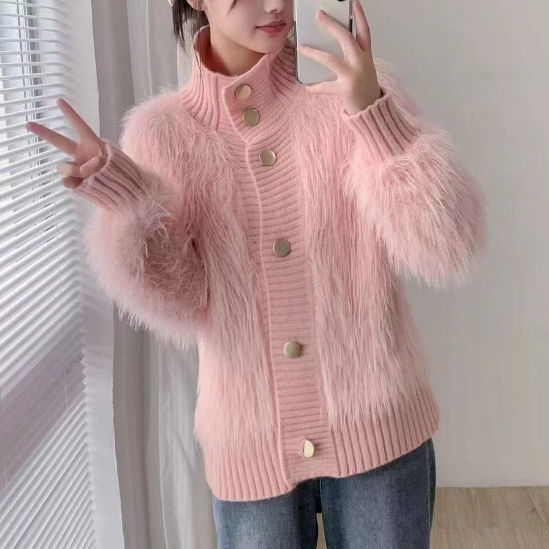El otoño y el invierno nuevo estilo de imitación de visón de terciopelo collar de pie cardigan exterior de las mujeres de alto grado de temperamento flojo todo fósforo de punto abrigo de moda