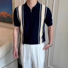 ライトラグジュアリーハイエンド半袖ポロシャツメンズ夏ハーフジップラペルストライプ通気性カジュアルニットトップTシャツ