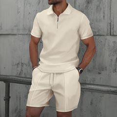 アマゾン夏クロスボーダー男性新型ワッフルファスナー純色折り襟半袖tシャツ半ズボンカジュアルセット