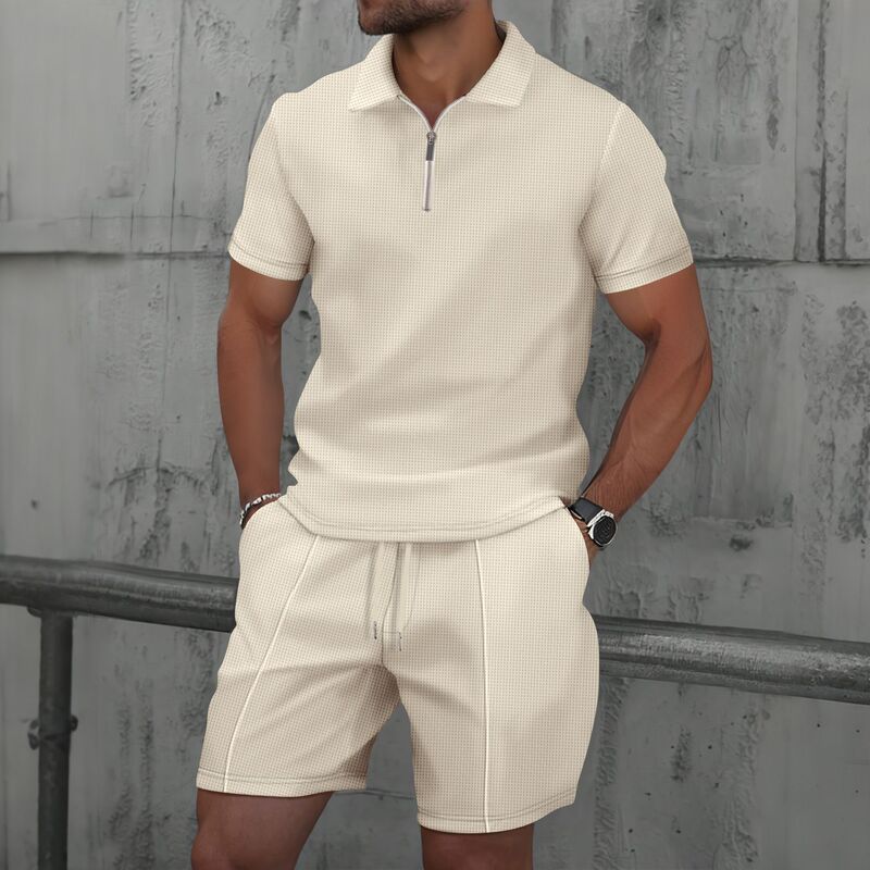 Amazon summer cross-border men's new waffle zipper solid color lapel short sleeve T-shirt shorts casual suit