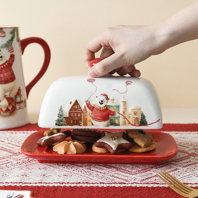 Cerámica de Navidad oso polar estilo sombrero de Navidad cerámica plato de mantequilla relieve nuevo