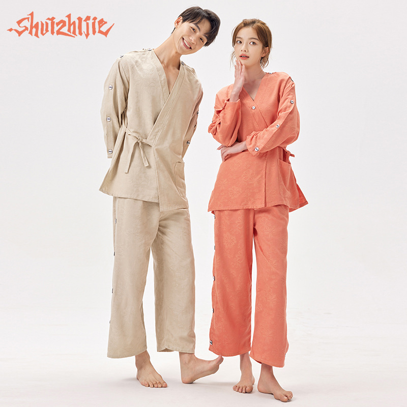 Moxibustion Clothing Set for Men and Women, Couples, Front and Rear Buckle Massage, Cupping, Foot Therapy, High-End Cotton Long Cardigan with Back Opening