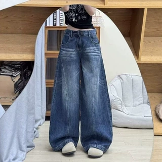 外贸美式复古弯刀廓形牛仔裤女秋季小众水洗阔腿拖地高个子长裤子