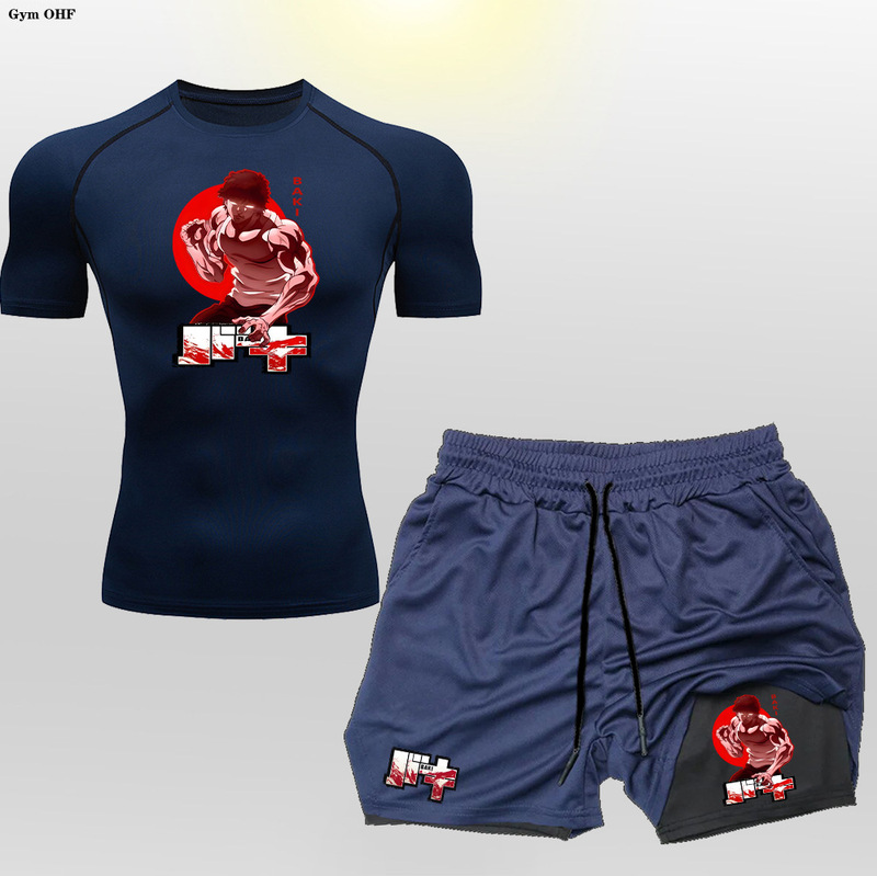 Baki Series Anime Men's Gym 2 in 1 Double Layer Shorts Short Sleeve suit 2D Printed Two-Piece Set Outdoor Baki Series Anime Men's Gym 2 in 1 Double Layer Shorts Short Sleeve suit 2D Printed Two-Piece Set Outdoor